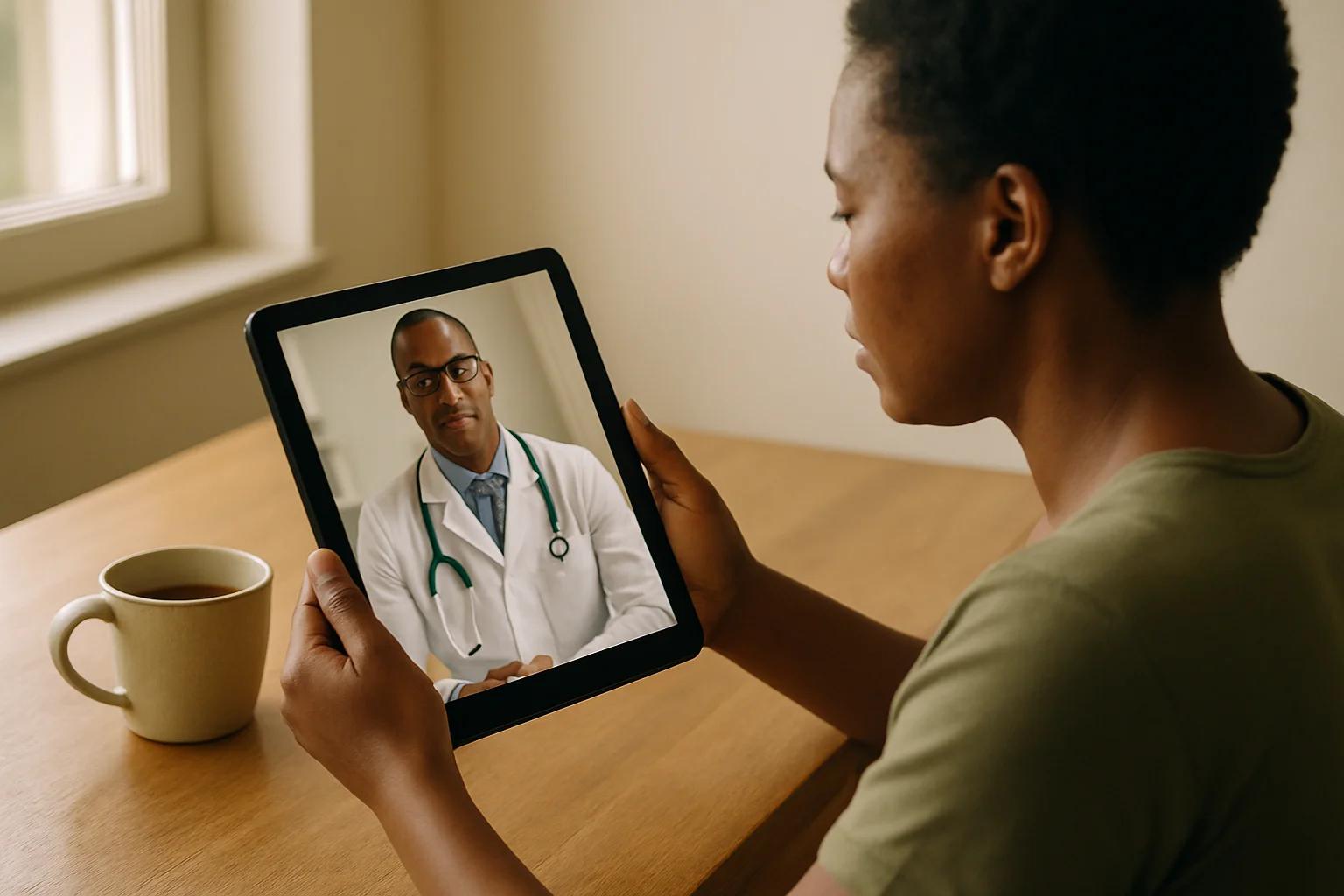 Over-the-shoulder view of a patient holding a tablet on a video call with their doctor