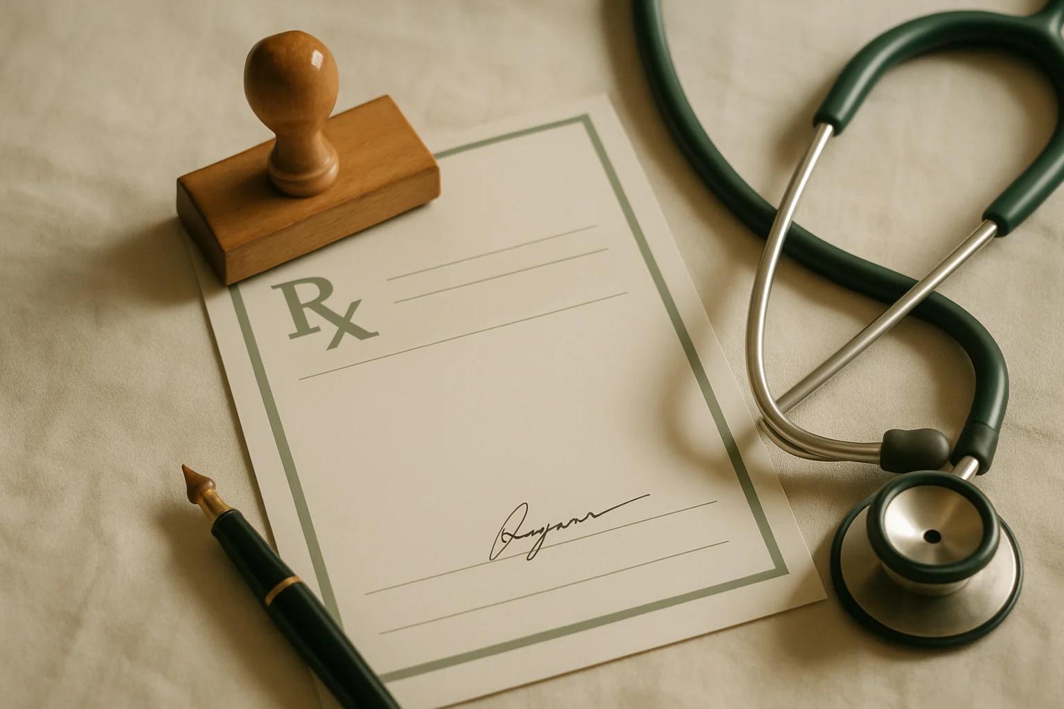 Flat-lay of a clinical prescription form with a signature, rubber stamp, fountain pen and stethoscope